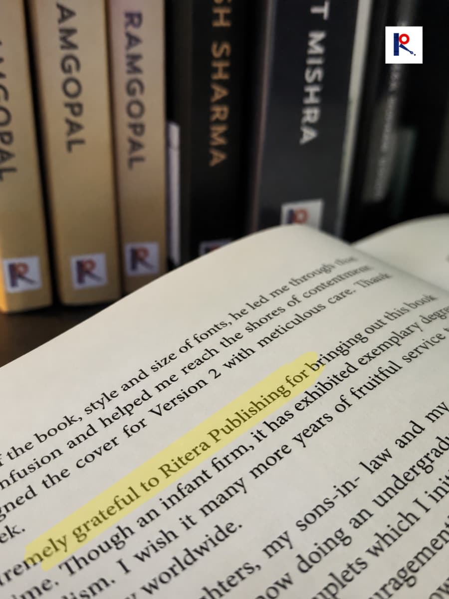 A published book's acknowledgements page with 'extremely grateful to Ritera Publishing' highlighted