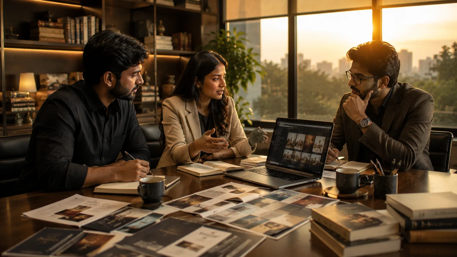 A publishing team reviewing marketing materials and analytics around a laptop